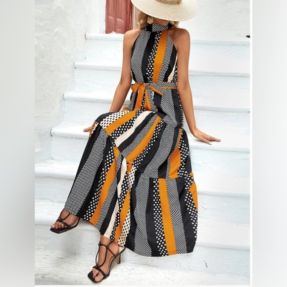 Halter Polka Dot Print Ruffle Hem Belted Dress - Picture 2 of 6